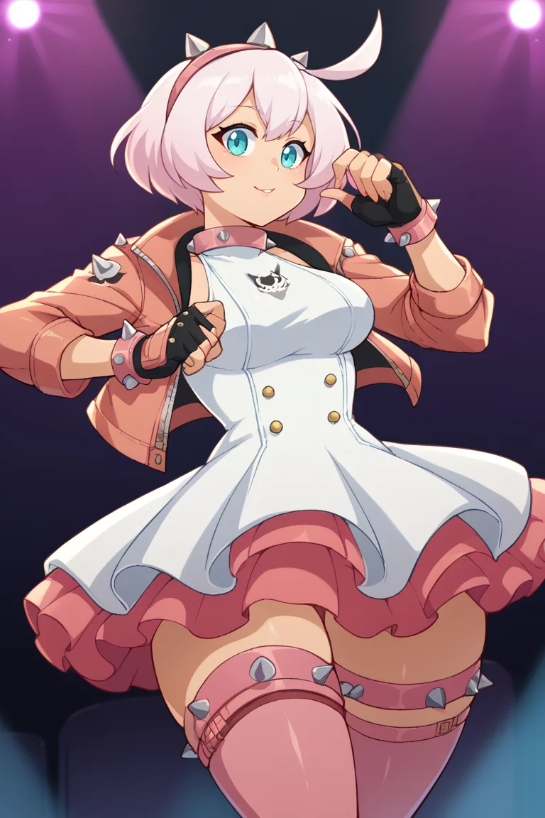 score_9, score_8_up, score_7_up, BREAK, <lora:manyakis-guy-PONYv1:1>, 1girl, solo, breasts, <lora:guiltygear_strive_elphelt_ponyXL:0.95> striveelphelt, ahoge, hairband, jacket, dress, fingerless gloves, pink thighhighs, spiked collar, spiked bracelet, stage, stage lights, indoors,