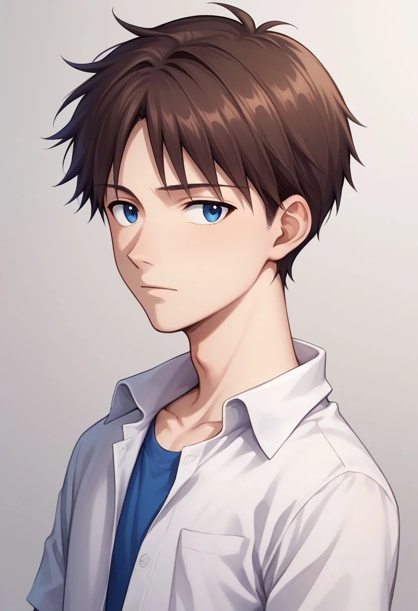score_9, score_8_up, source_anime, highly detailed, 1boy, solo, male_focus, skinny,
shinji, 1boy, male focus, solo, blue eyes, brown hair, shirt, white shirt, collared shirt, open shirt, blue t-shirt, black pants,
indoor, upper body,