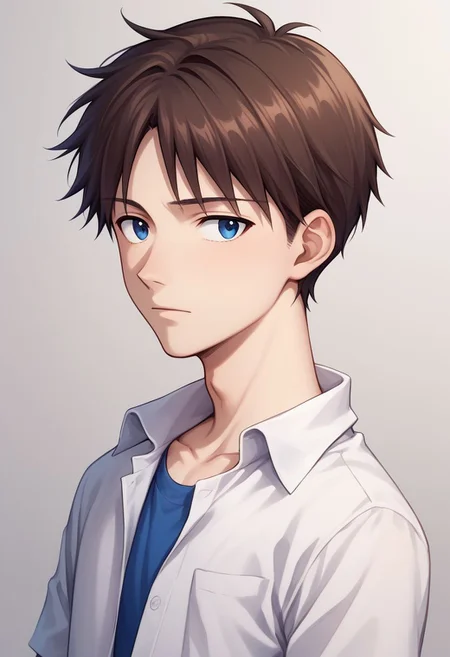 score_9, score_8_up, source_anime, highly detailed, 1boy, solo, male_focus, skinny,
shinji, 1boy, male focus, solo, blue eyes, brown hair, shirt, white shirt, collared shirt, open shirt, blue t-shirt, black pants,
indoor, upper body,