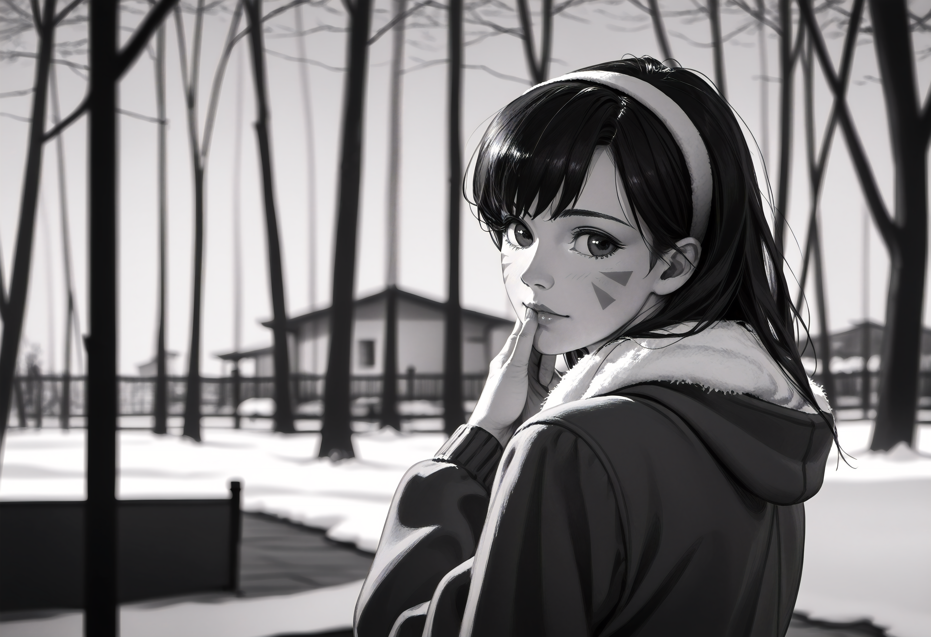score_9, score_8_up, score_7_up, d.va_\(overwatch\), overwatch, brown_hair, brown_eyes, looking back, hand on own chin, winter, indoors, hentai, 8W.safetensors, <lora:test\8W.safetensors:1.0>