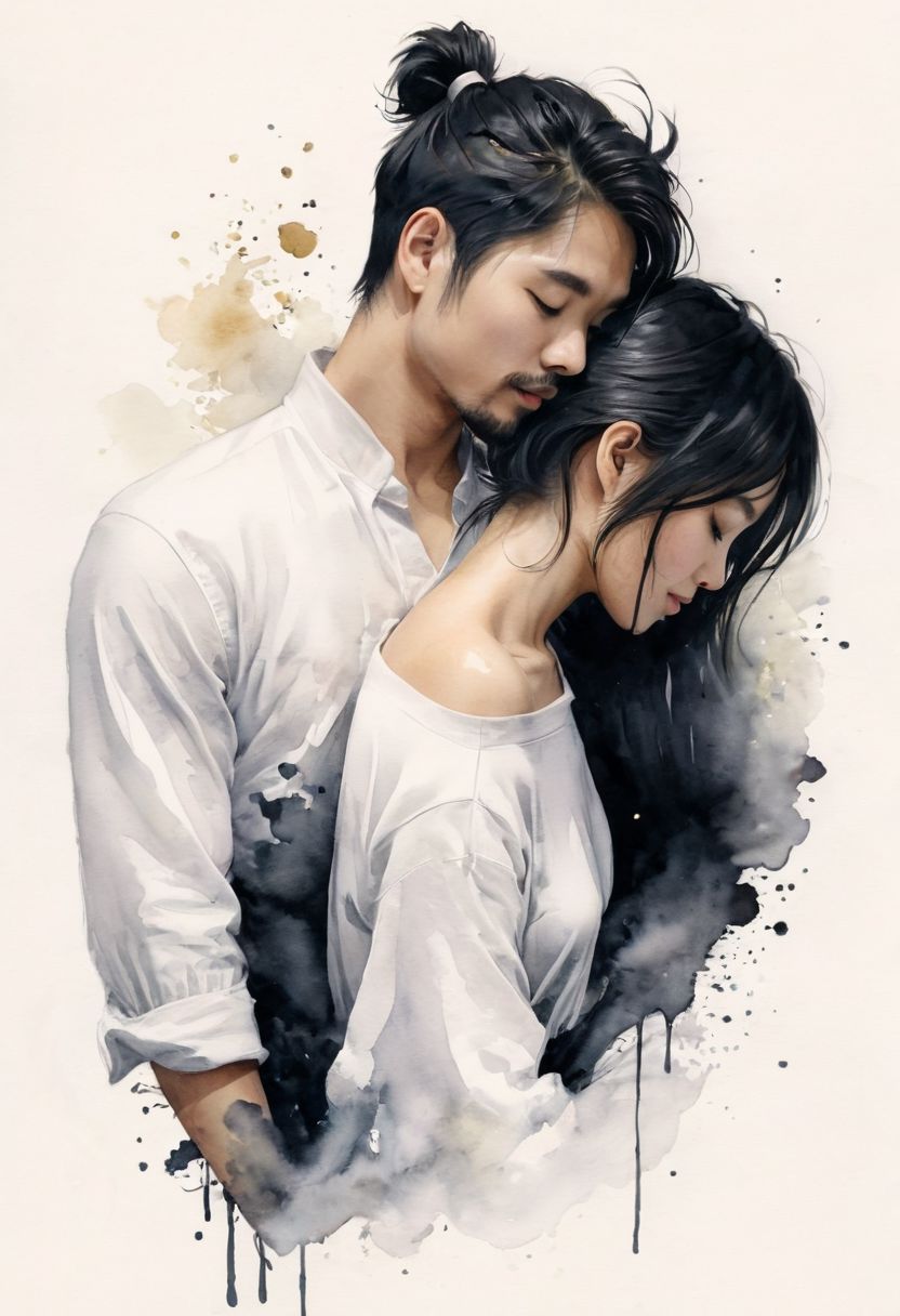 a light minimalistic Japanese illustration made in ink, of a couple seen from their back hugging each other. The man has blond short hair, the woman has dark hair and a ponytail, and they both wear Aikido suites. White background