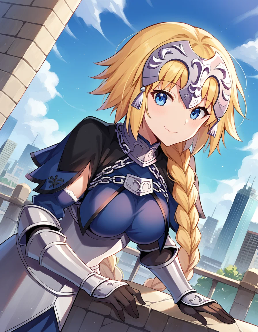 score_9, score_8_up, score_7_up, source_anime,
jeannedarc, <lora:jeanne-darc-ponyxl-lora-nochekaiser:1>,
jeanne darc, blonde hair, blue eyes, long hair, smile,
armor, armored boots, armored dress, black gloves, black thighhighs, braid, dress, gauntlets, gloves, headpiece, blue dress, single braid, thighhighs,
outdoors, cityscape, bent over,
looking at viewer, dutch angle, cowboy shot,
