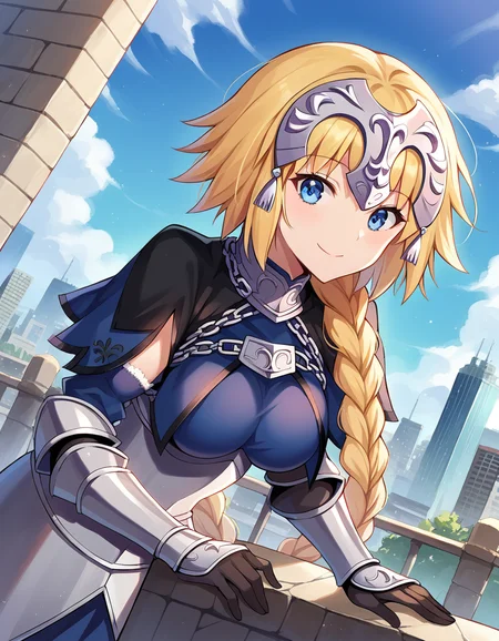 score_9, score_8_up, score_7_up, source_anime,
jeannedarc, <lora:jeanne-darc-ponyxl-lora-nochekaiser:1>,
jeanne darc, blonde hair, blue eyes, long hair, smile,
armor, armored boots, armored dress, black gloves, black thighhighs, braid, dress, gauntlets, gloves, headpiece, blue dress, single braid, thighhighs,
outdoors, cityscape, bent over,
looking at viewer, dutch angle, cowboy shot,
