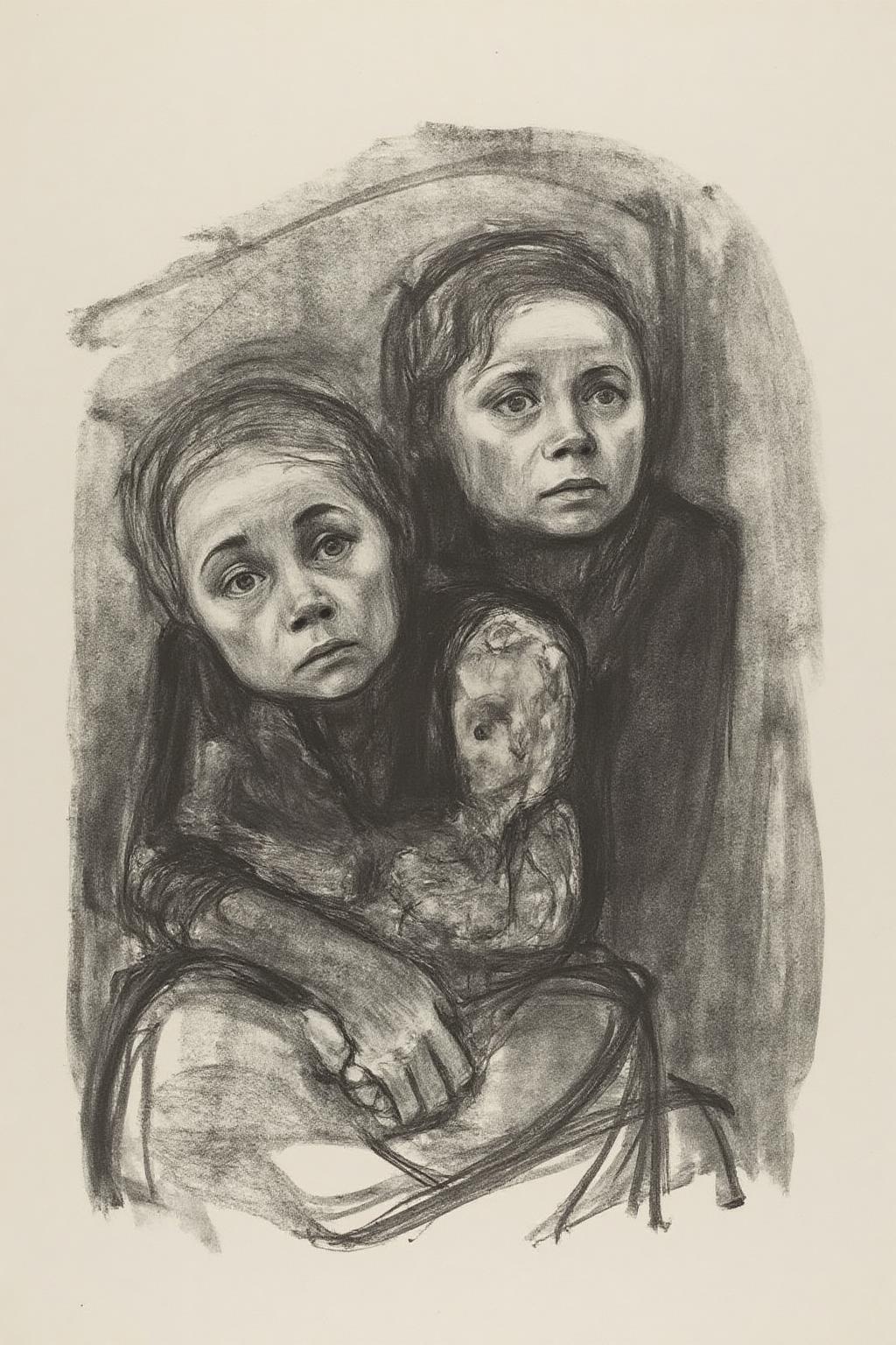 kako1 black and white charcoal drawing. Three children, in a somber, contemplative mood. The drawing is rendered in a loose, expressive style with a focus on capturing the emotional depth and facial expressions.  <lora:kako1_litho_nocap_d6a3:1.0><lora:814762202641896443:0>