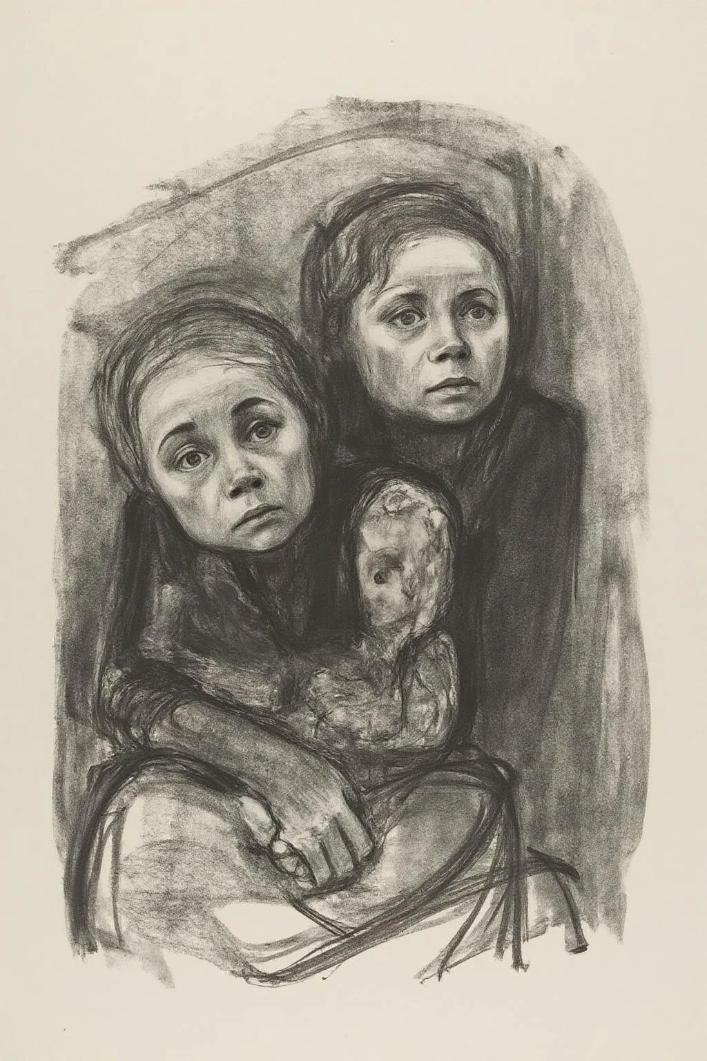 kako1 black and white charcoal drawing. Three children, in a somber, contemplative mood. The drawing is rendered in a loose, expressive style with a focus on capturing the emotional depth and facial expressions.  <lora:kako1_litho_nocap_d6a3:1.0><lora:814762202641896443:0>