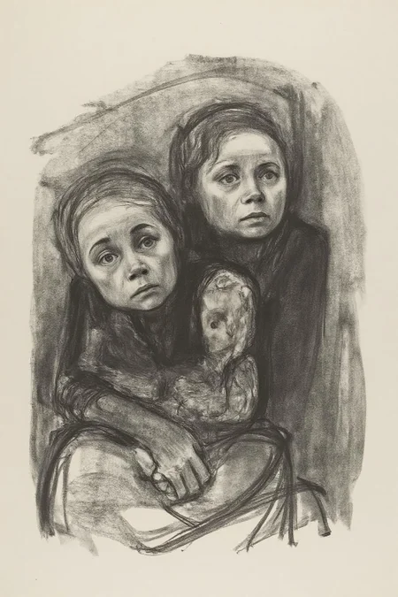 kako1 black and white charcoal drawing. Three children, in a somber, contemplative mood. The drawing is rendered in a loose, expressive style with a focus on capturing the emotional depth and facial expressions.  <lora:kako1_litho_nocap_d6a3:1.0><lora:814762202641896443:0>