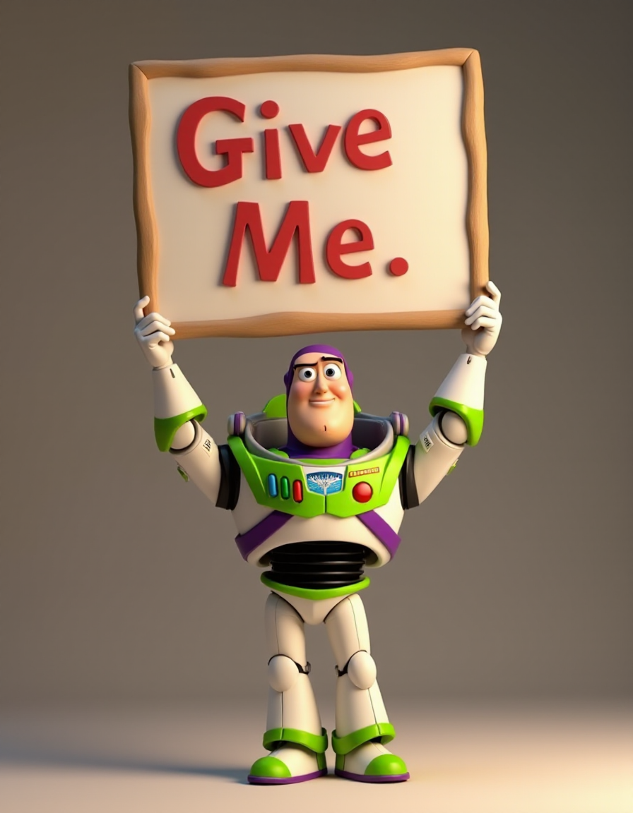 a 3d render of Buzz Lightyear holding a sign over his head with the text "Give Me" written boldly. Toy story, Pixar animation style.