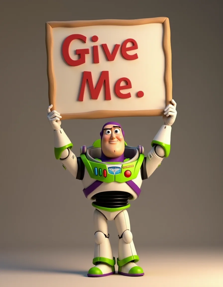 a 3d render of Buzz Lightyear holding a sign over his head with the text "Give Me" written boldly. Toy story, Pixar animation style.