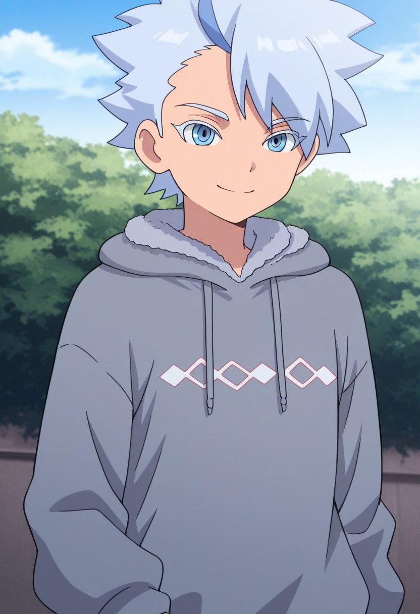 masterpiece,best quality,amazing quality, source_anime,
FroyGirikanan, 
1boy, male focus, solo, blue eyes, multicolored hair, grey hair, blue hair, hoodie, grey hoodie, hood,  smile,
outdoor,