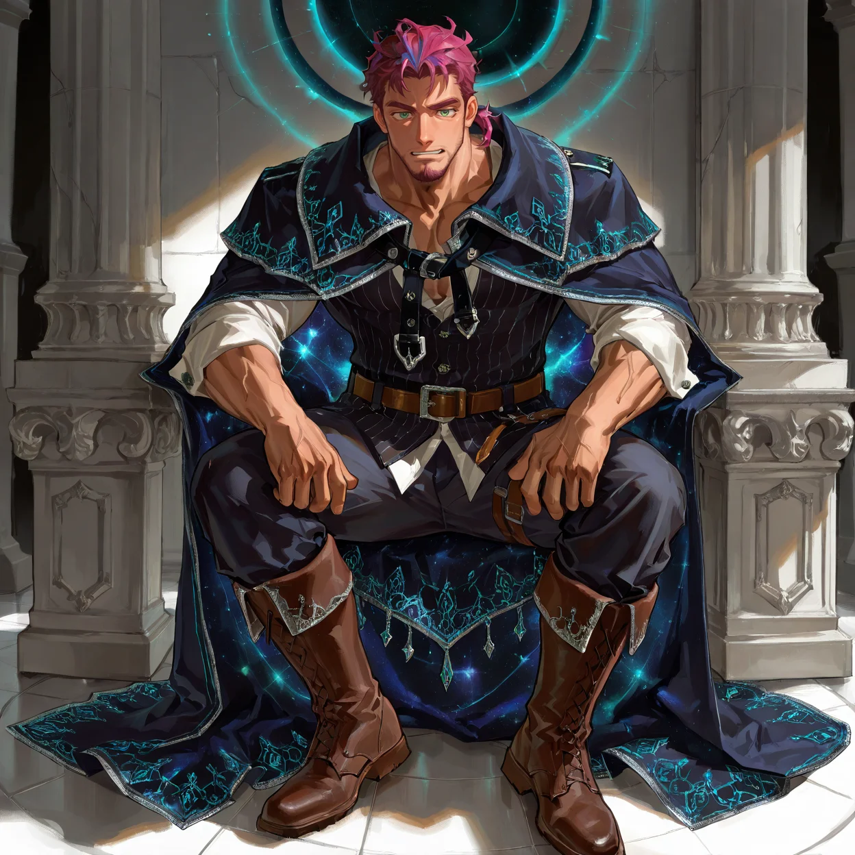 <lora:Magnus_Alchemist_Code-000004:.5> tagatamemagnus, 1boy, magenta color hair, short hair, tied hair, green eyes, solo, muscle body, male focus, manly, mature male,, cape, shirt, belt, pants, boots
(very short hair, beard, bara, mature, facial hair, stubble, beard, full beard, sideburn, beard, a lot of beard, ), facial hair,male focus, muscular male, muscular male, bara, mature, bara, mature, aixiwuganda_(20222192), very awa, masterpiece, best quality, absurdres, newest, perfect quality, detailed background, intricate details,
<lora:slider_Body Type_alpha1.0_rank4_noxattn_last:3><lora:Anime Summer Days 2 Style SDXL_LoRA_Pony Diffusion V6 XL:.6><lora:slider_cfg_scale_boost:.7><lora:Artist6p:.55>, Artist6p, Artist04p,<lora:slider_il_brightness_slider_d1:-1><lora:slider_il_contrast_slider_d1:-1><lora:slider_DarkSlider1.2_alpha1.0_rank16_full_300steps:-.6>