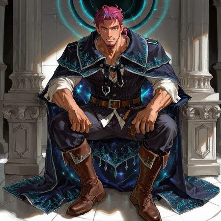 <lora:Magnus_Alchemist_Code-000004:.5> tagatamemagnus, 1boy, magenta color hair, short hair, tied hair, green eyes, solo, muscle body, male focus, manly, mature male,, cape, shirt, belt, pants, boots
(very short hair, beard, bara, mature, facial hair, stubble, beard, full beard, sideburn, beard, a lot of beard, ), facial hair,male focus, muscular male, muscular male, bara, mature,  bara, mature, aixiwuganda_(20222192), very awa, masterpiece, best quality, absurdres, newest, perfect quality, detailed background, intricate details,
<lora:slider_Body Type_alpha1.0_rank4_noxattn_last:3><lora:Anime Summer Days 2 Style SDXL_LoRA_Pony Diffusion V6 XL:.6><lora:slider_cfg_scale_boost:.7><lora:Artist6p:.55>, Artist6p, Artist04p,<lora:slider_il_brightness_slider_d1:-1><lora:slider_il_contrast_slider_d1:-1><lora:slider_DarkSlider1.2_alpha1.0_rank16_full_300steps:-.6>
