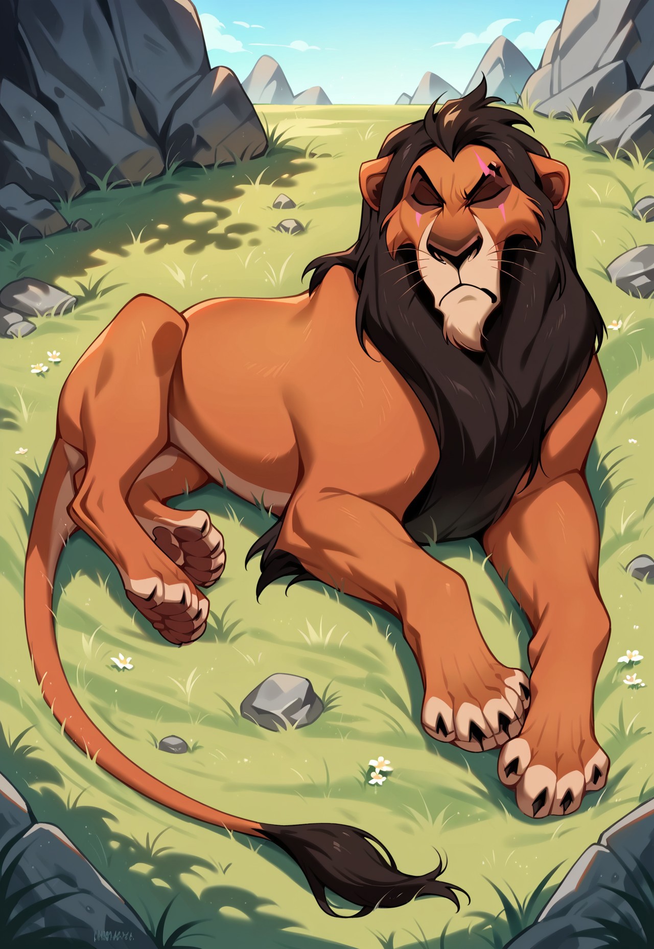 score_9, score_8_up, score_7_up, score_6_up, score_5_up, score_4_up, source_furry, hi res, on grass, rocks in background, lying down, on grass, day, ScarLion, Scar On Right Eye, Black Mane, feral, male, solo, closed eyes, relaxing, frown, male