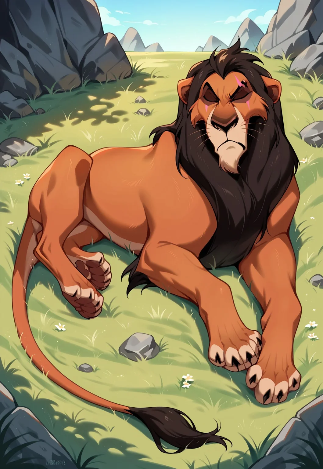 score_9, score_8_up, score_7_up, score_6_up, score_5_up, score_4_up, source_furry, hi res, on grass, rocks in background, lying down, on grass, day, ScarLion, Scar On Right Eye, Black Mane, feral, male, solo, closed eyes, relaxing, frown, male