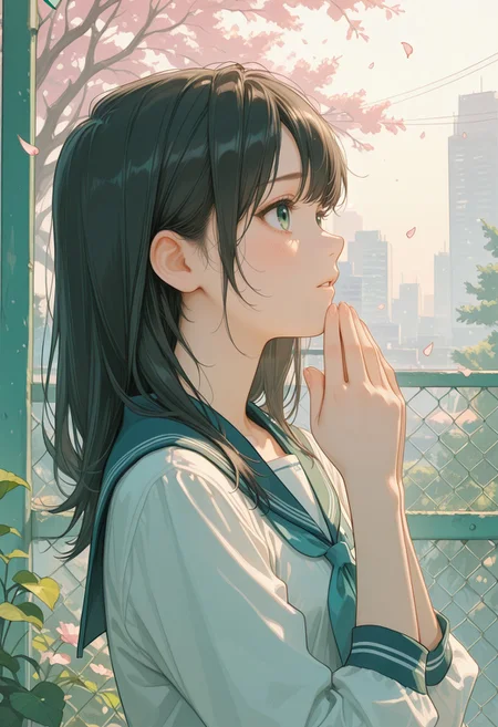 extremely detailed face, detailed eyes, detailed eyelashes, 1girl, solo, (petite body), slender, blush, medium breasts, profile, face up, looking to the side, black hair, sad face, looking up, parted lips, delicate hair,
school uniform, nin_sly, aisatsu, own hands together, elbows up, cropped shoulders, pastel colors cool colored warm colored,
(hands on near mouth), outdoors, flower, tree, petals, warm lighting, green leaf, chain-link fence, cityscape,
masterpiece, best quality, highres, absurdres, 8k, extremely detailed, aesthetic, very aesthetic, perfect anatomy, highly finished, newest,