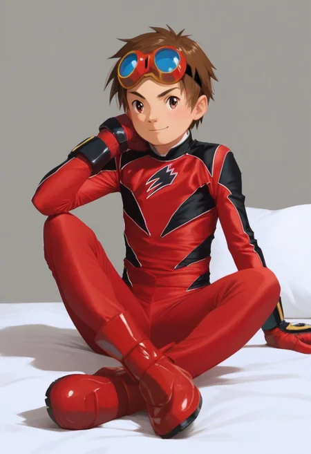score_9, score_8_up, score_7_up, zPDXL2,
1boy, solo, goggles on head, brown hair,
,sitting on bed,
geki red, red bodysuit, black markings, red gloves, red boots,
