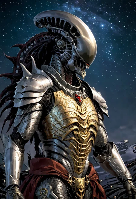 An insanely Detailed Divine Xenomorph, Golden and silver in color, cyberpunk, a crimson tinge to the golden color, Hyperdetailed, Omnipresent, Beautiful, Sinister overtones, otherworldly,((masterpiece, best quality)), fantasy, solo, 1 alien knight, silver armor chestplate with silver medieval ornaments and runes, galactic night sky background, perfect composition, sidelighting, outdoor,