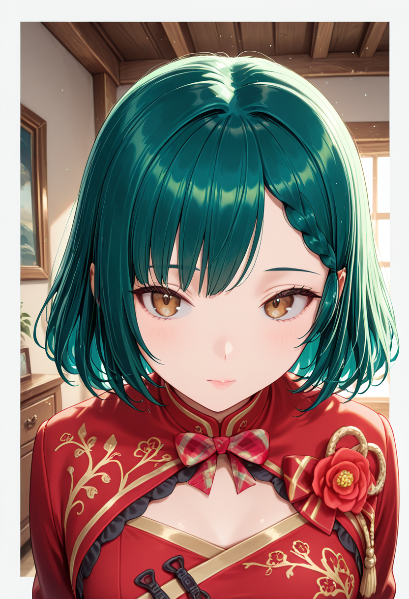 masterpiece, best quality, 32k, high resolution, absurdres 
1girl, solo, Rin, Rinh, medium hair, green hair, brown eyes, braid, small breast, almost flat chest
batik shirt
closeup to face, portrait, outside border
indoors
light particles, dynamic angle,  cinematic angle, various angles, detailed background, beautiful background, (rays light:1.0),(grow:1.0) vivid colors, shiny and glossy, anime style, high-res, beautiful aesthetic, very intricate, high-quality details, vibrant, 
<lora:add-detail-xl:1.10> <lora:spo_sdxl_10ep_4k-data_lora_webui:0.95> <lora:noobai_ep11_stabilizer_v0.138_fp16:0.6> <lora:StS-Illustrious-Detail-Slider-v1.0:1.10> <lora:cfg_scale_boost:0.95> <lora:nyalia:0.20>    <lora:Rin:1>