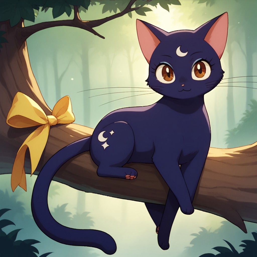 score_9_up, score_8_up, cat, furry, anime, whiskers,  Luna, female, solo, dark purple fur, crest on forehead,
She wears a yellow ribbon around her neck, no human, full body,brown eyes,She sits on the branch of a tree in an enchanted fantasy forest, look at the viewer,