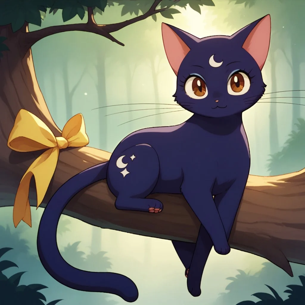score_9_up, score_8_up, cat, furry, anime, whiskers, Luna, female, solo, dark purple fur, crest on forehead,
She wears a yellow ribbon around her neck, no human, full body,brown eyes,She sits on the branch of a tree in an enchanted fantasy forest, look at the viewer,