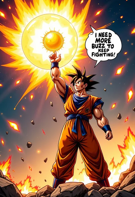 Goku from dragon ball with his arm raised casting a huge ball of energy, he is battered and hurt and is saying in a bubble chat "I NEED MORE BUZZ TO KEEP FIGHTING "