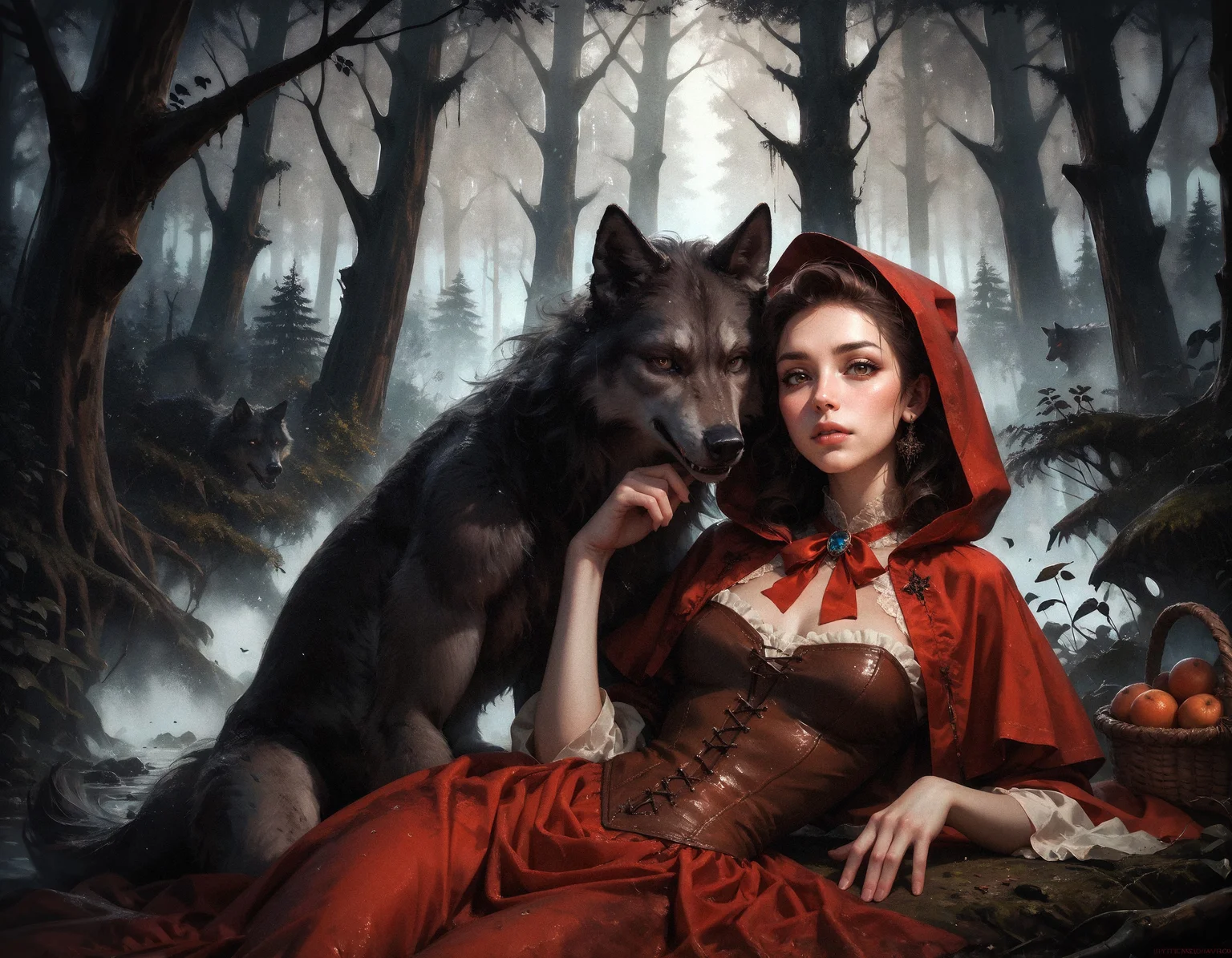 score_9, score_8_up, score_7_up, score_6_up, score_5_up, score_4_up,  realistic, 3/4 pic, 19 year old sexy woman, brown eyes, Little red riding hood, sitting under a tree, (((big dark wolf laying beside her))), dark forest, looking at viewer, she has a wicker basket with a lid beside her, orange brown leather corset, short red mini skirt, skirt floating in wind, big round breast, seductive body, cute sexy pose, petite body, flirtatious look, forest background, 8k detail, smooth image, detailed face,