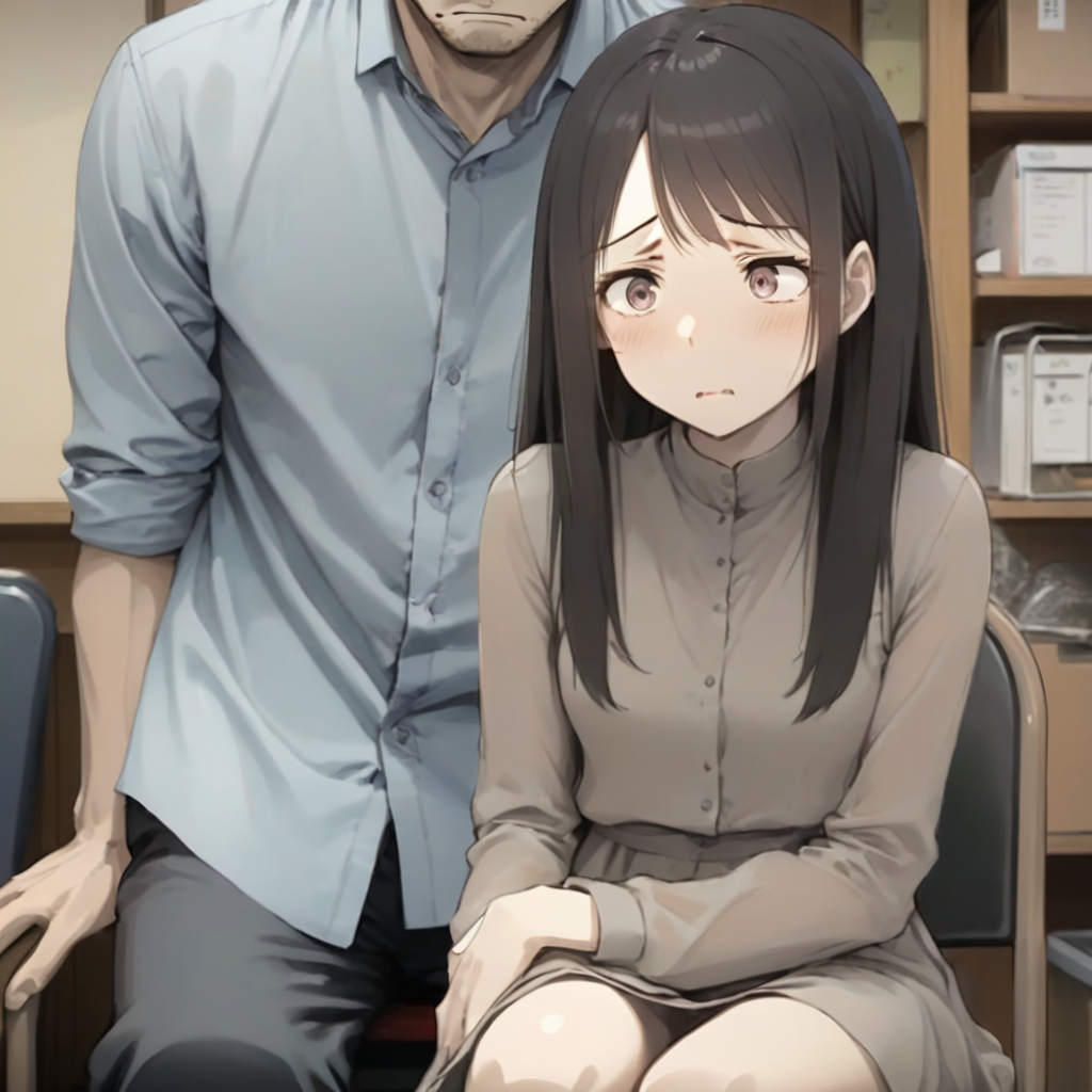 Create an anime-style image featuring a woman sitting on a chair with an uneasy expression. In the frame, only the lower half of a man is visible. The scene should emphasize the woman's facial expression, capturing her feelings of discomfort or anxiety. The setting can be an indoor space, subtly detailed to enhance the focus on the characters' interaction,<lora:smalltake:0.7>