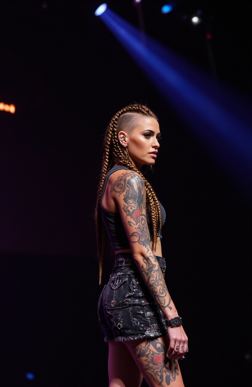 a woman on stage, with a rocking outfit, skirt, top, good lights, face <lora:FLUX_STYLE_SideCut:1> sidecut, braids