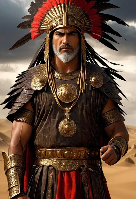 A powerful Mesopotamian warrior standing tall in ancient armor, holding a curved sword in one hand and a round shield in the other. He is dressed in intricately detailed armor made of bronze, with golden accents and decorative patterns inspired by ancient Mesopotamian art. His attire includes a long tunic with embroidered designs, a leather belt, and a headdress resembling those worn by the warriors of ancient Sumer or Akkad. His strong, determined face is framed by a short beard and a serious gaze. The warrior stands on a dusty battlefield, with towering ziggurats and distant city walls in the background. Above, the sky is overcast, with dark clouds rolling in, and a fierce wind blowing across the scene. The color palette is a mix of earthy browns, golds, and deep reds, giving the scene a sense of ancient power and civilization.
, moody light, by H.R Giger, 4k resolution digital art trending on Artstation and unreal engine 5, hyperrealism, full body shot, glowing eyes, cinematic, epic, masterpiece, surreal, fantasycore, hyperdetailed, ultra realistic, octane render, volumetric lighting, depth of field, bokeh, 8 <lora:Details:0.85>