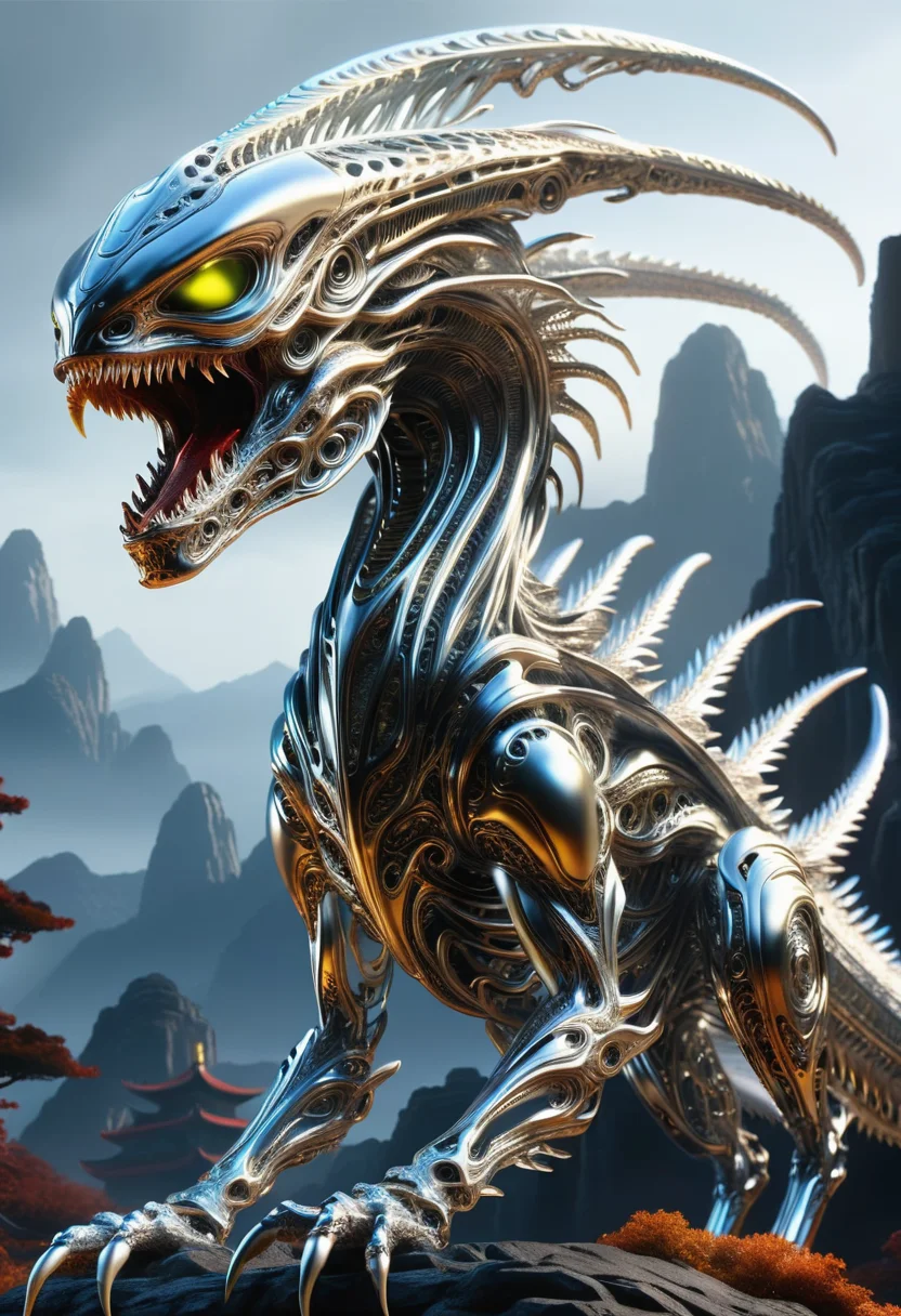 hyper detailed masterpiece, dynamic, awesome quality, DonMSt33lM4g1cXL alien rocky crystal chinese slender Wyvern, insectoid
, made of steel, shiny <lora:DonMSt33lM4g1cXL-v1.1-000008:1>