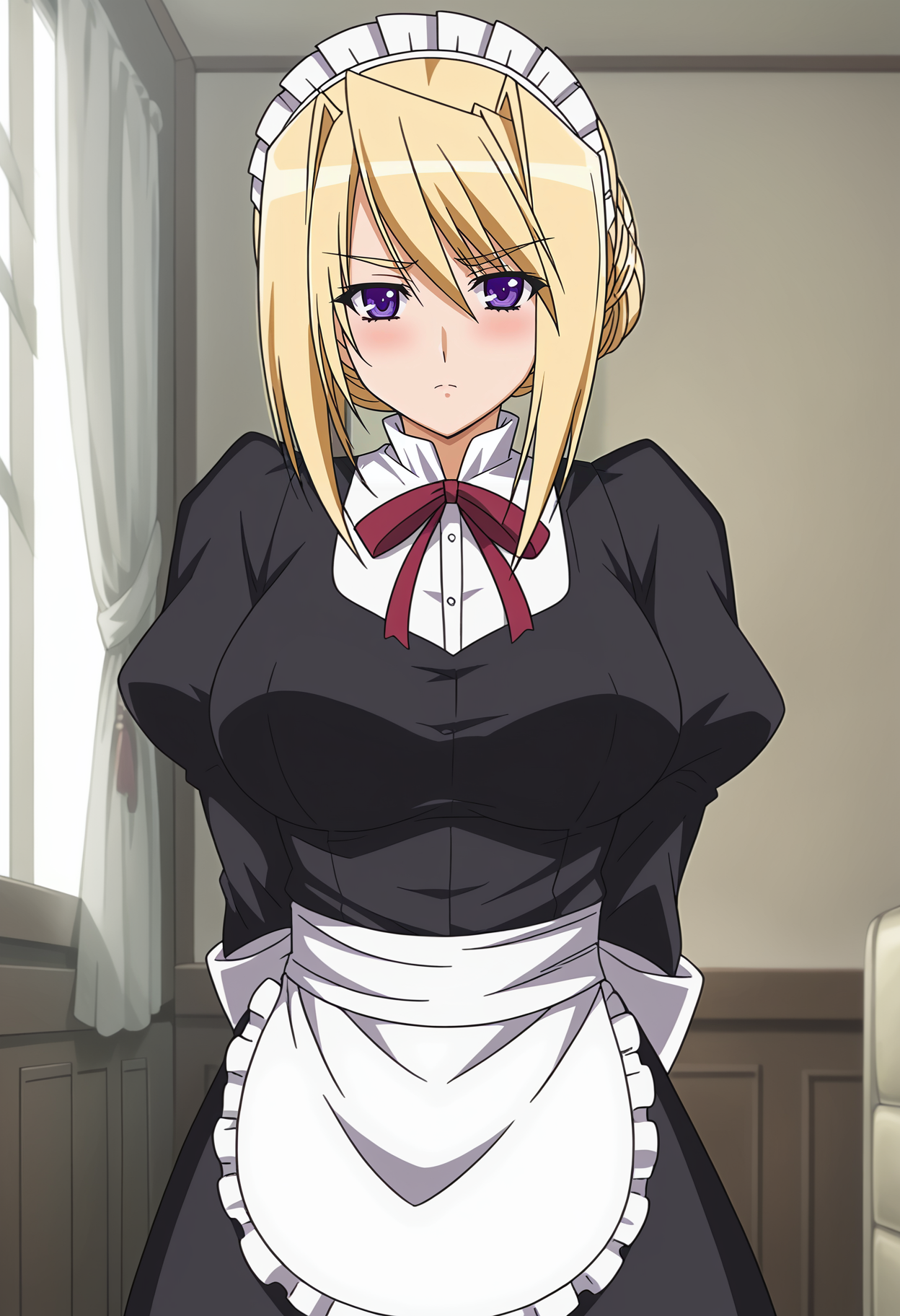 <lora:Sylvia_van_Hossen-Princess_Lover_OVA:0.8>,Sylvia,1girl,solo,blonde hair,purple eyes,hair bun,large breasts,maid,maid headdress,blush,looking at viewer, arms behind back, indoors, cowboy shot,
