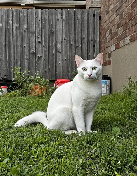 realistic photo of vanillacat, a white cat, ultra high quality, very detailed fur, sharp focus, highly detailed, <lora:uai_VanilyaCat_v102:1>, <lora:Backyard_Suburbs:1>, Backyard_Suburbs backyard background, fence, plants, buckets