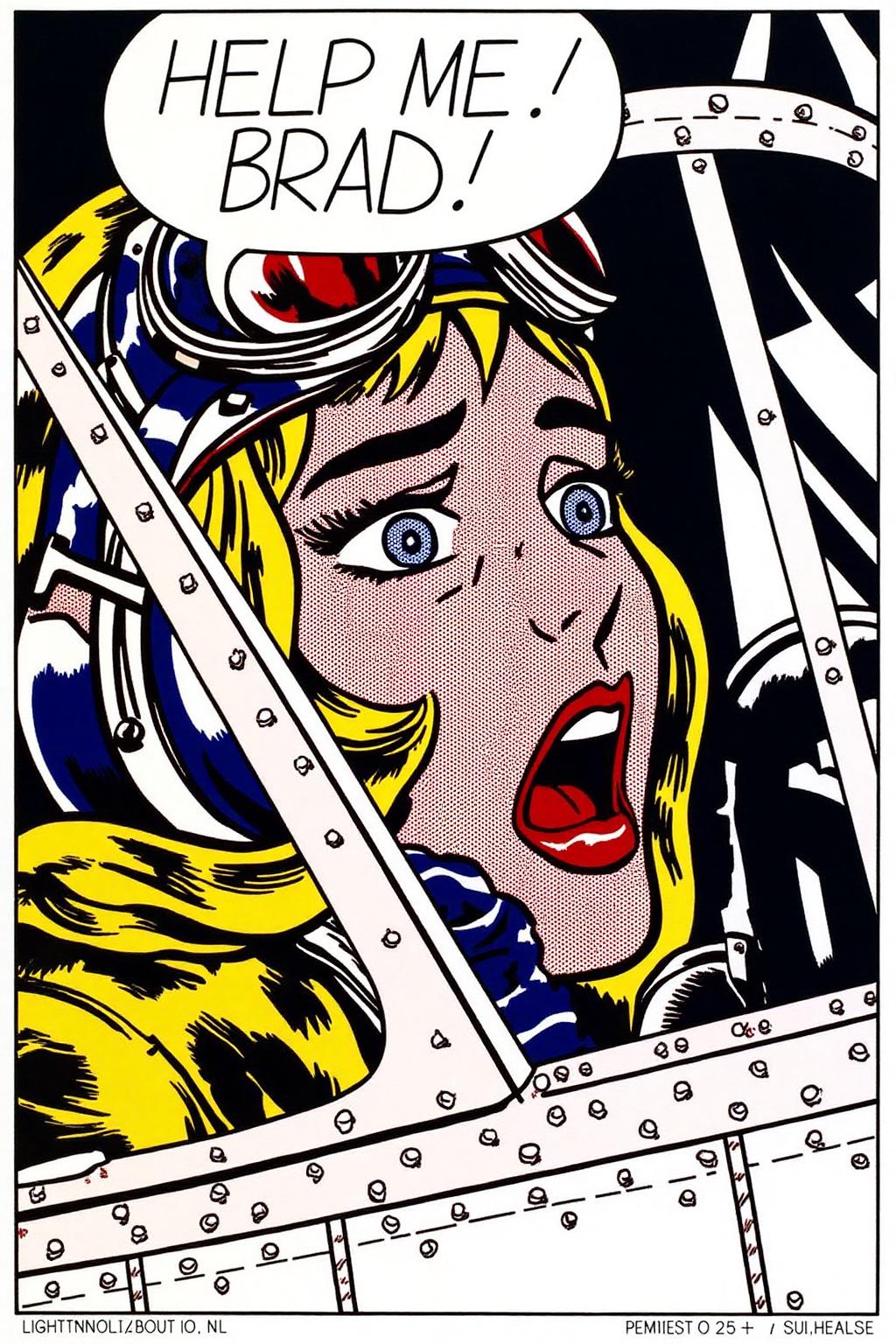 lichtenstein1 illustration. 
A female pilot screaming inside the cockpit of a World War II bomber. The pilot, wearing a vintage leather flight helmet with goggles and a bomber jacket
Speech bubble says "Help me! Brad!".
 <lora:lichtenstein1_cap_d6a3e8:1.0><lora:836245573221912115:0>