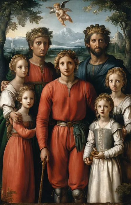 masterpiece,best quality,<lora:tbh196-sdxl:0.9>,illustration,style of Raphael
 portrait of family