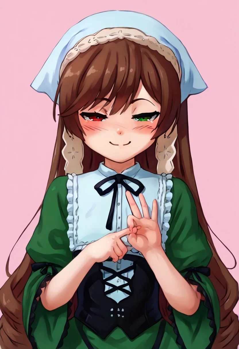 score_9, score_8_up, score_7_up,
<lora:Seraziel_style_PDXL-000031:0.65> seraziel,
BREAK
1girl, solo, small breasts,
blush, smug, smile, closed mouth,
upper body,
<lora:Sex_Gesture_4-000010:0.85> SGER, hands, hand gesture, <lora:Suiseiseki_pdxl_v1.0:0.95> suiseiseki, bonnet, head scarf, ribbon, green dress, corset,