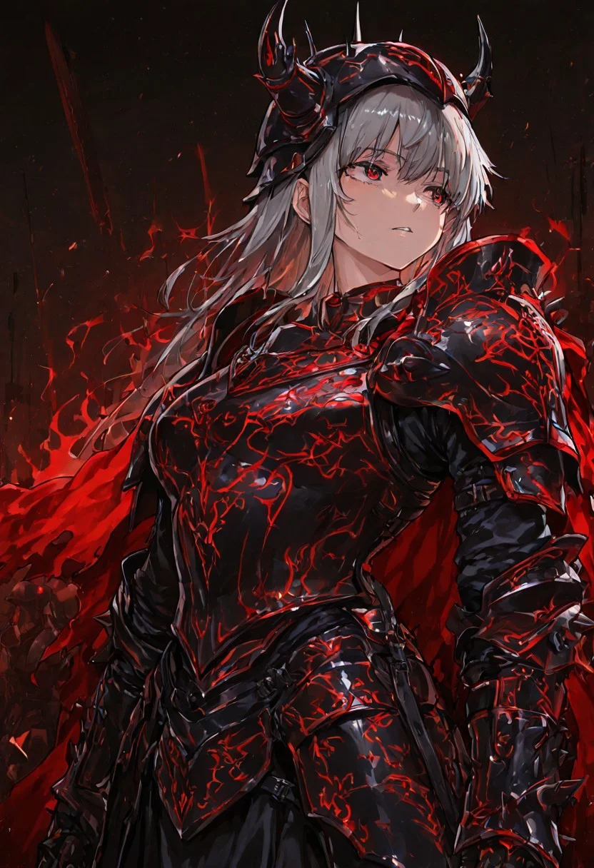 (masterpiece), (best quality), (ultra-detailed), amazing quality, very aesthetic, illustration, newest, upper body, colorful, vibrant, looking to the side, (oil painting:1.1), cinematic lighting, <lora:Avarice:1>, edgeofavarice, avarice, glowing silver runes, dark fantasy,
1girl, solo, cape, angelic_emblem_on_cape long sleeves, faulds, horned helmet, full_helmet, black and red armor, spiked armor, spiked gauntlets, spiked helmet, full_armor, full_plate_armor, winged_helmet, gold_armor, winged_shoulders, clawed_gauntlets, holy_emblem, segmented_faulds, tattered_cape, aura_of_hope, inspiring_presence, holy_glow, massive_blade, battlefield_setting, heavy_armor, silver hair