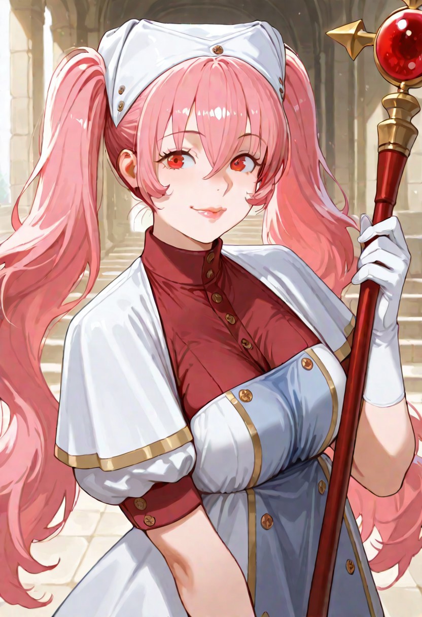 G0thicL1nes masterpiece, best quality, amazing quality, good quality,
heith velvet, long hair, pink hair, twintails, hair between eyes, red eyes, kind eyes, soft lips, luscious lips, lip gloss, gently smile, medium breasts, puffy sleeves, short sleeves, white gloves, 1girl, holding staff, looking at viewer, large breasts, dress, hat, indoor, temple,