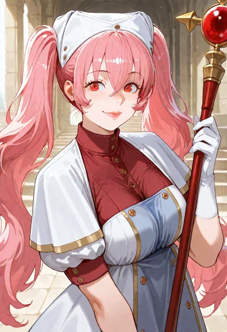 G0thicL1nes masterpiece, best quality, amazing quality, good quality,
heith velvet, long hair, pink hair, twintails, hair between eyes, red eyes, kind eyes, soft lips, luscious lips, lip gloss, gently smile, medium breasts, puffy sleeves, short sleeves, white gloves, 1girl, holding staff, looking at viewer, large breasts, dress, hat, indoor, temple,