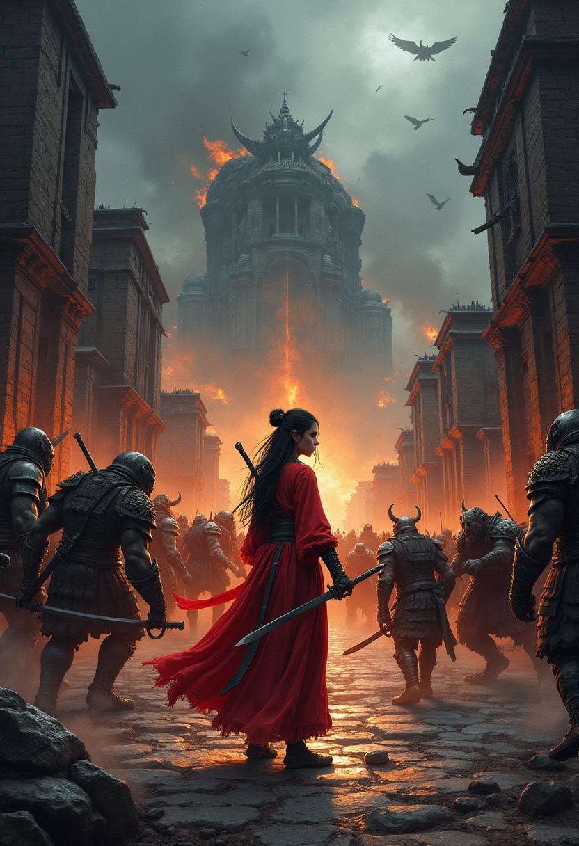Epic dark fantasy vibrantly colored hyperdetailed ink art depicting legendary defiance against impossible odds. A vast smoldering ruined ancient cityscape under ominous dark skies is infested with a crowd of hyperaggressive berserking orcs and giant ogres, trolls, and stone golems wearing ornate armor. Goblins are leaping from the buildings. The horde approaches a valiant beautiful lone samurai clad in backlit gossamer robes. The scene focuses on a close-up a badass heroine with her unsheathed katana. She has a innocent yet determined face as she musters the needed courage. Her robes strongly catch the light, starkly contrasting with the dark, somber, muted tones of the scene. The blurring light leaks are overwhelming, adding a dreamlike quality to the image. Strong top lighting effect. Volumetric lighting. Chiaroscuro oil painting by Caravaggio. Deep glow effect, cinematic light bloom, cinematic lens flare. Grimdark, gritty, intense, volatile. Hypermaximalism. Motion blur. Full-frame fisheye lens.