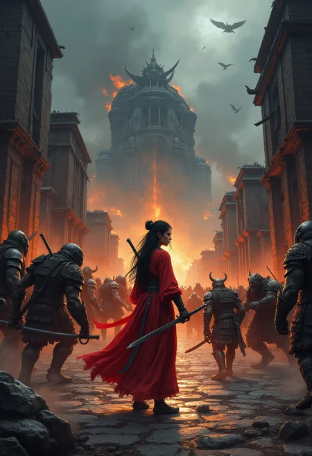 Epic dark fantasy vibrantly colored hyperdetailed ink art depicting legendary defiance against impossible odds. A vast smoldering ruined ancient cityscape under ominous dark skies is infested with a crowd of hyperaggressive berserking orcs and giant ogres, trolls, and stone golems wearing ornate armor. Goblins are leaping from the buildings. The horde approaches a valiant beautiful lone samurai clad in backlit gossamer robes. The scene focuses on a close-up a badass heroine with her unsheathed katana. She has a innocent yet determined face as she musters the needed courage. Her robes strongly catch the light, starkly contrasting with the dark, somber, muted tones of the scene. The blurring light leaks are overwhelming, adding a dreamlike quality to the image. Strong top lighting effect. Volumetric lighting. Chiaroscuro oil painting by Caravaggio. Deep glow effect, cinematic light bloom, cinematic lens flare. Grimdark, gritty, intense, volatile. Hypermaximalism. Motion blur. Full-frame fisheye lens.