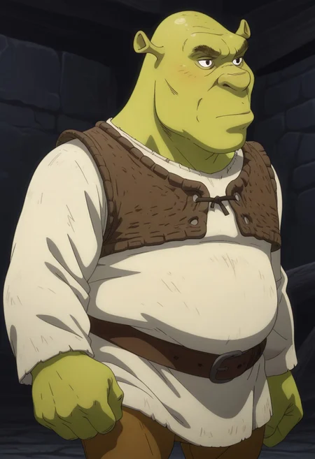 masterpiece, best quality, newest, absurdres, highres, anime, anime style, Vinlandsagastyle-IL.V1.0 1boy, shrek, bald, green skin, brown vest, white shirt, brown belt, pants