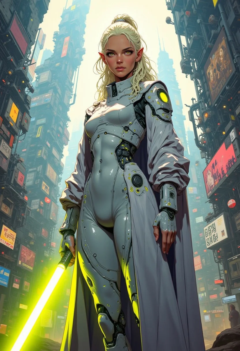 A stunning, curvaceous elf beauty stands majestically in front of a ominous high tech detailed alien city, her curly luscious locks are styled in an exquisite ponytail of tight ringlets that cascades down her back like a blonde veil tucked behind her pointed ears. Elegant bangs go down both sides of her face. She has a confident smile. The soft, ambient lighting accentuates the delicate features of her perfect face and the contours of her toned physique, while vibrant colors and intricate details bring the scenery to life. Her face is flawless and clean with no markings or tattoos. Her formfitting exosuit is light gray and dark gray with glowing white accents and fits her perfect body tightly. She has a billowy gray Jedi robe draped across her shoulders. She holds one brightly glowing yellow lightsaber in her perfect left hand. Dynamic pose
anime_martz, anime_source, DB4RZ, DB4RZ style painting, anime, cyberpunk