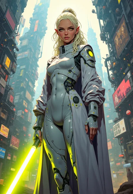 A stunning, curvaceous elf beauty stands majestically in front of a ominous high tech detailed alien city, her curly luscious locks are styled in an exquisite ponytail of tight ringlets that cascades down her back like a blonde veil tucked behind her pointed ears. Elegant bangs go down both sides of her face. She has a confident smile. The soft, ambient lighting accentuates the delicate features of her perfect face and the contours of her toned physique, while vibrant colors and intricate details bring the scenery to life. Her face is flawless and clean with no markings or tattoos. Her formfitting exosuit is light gray and dark gray with glowing white accents and fits her perfect body tightly. She has a billowy gray Jedi robe draped across her shoulders. She holds one brightly glowing yellow lightsaber in her perfect left hand. Dynamic pose
anime_martz, anime_source, DB4RZ, DB4RZ style painting, anime, cyberpunk