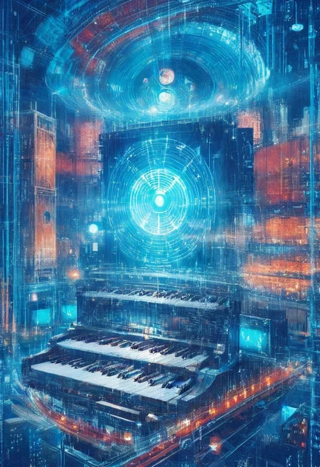 double exposure of opera diva Hatsune Miku with long floating blue twintails singing high note merging with a printed circuit board of Yamaha electronics chip processor, <lora:DoubleExposure:1>, (head:1.8), <lora:The Phantom of the Opera style:1.5> The Phantom of the Opera style, <lora:loraeyesxl:0.4>