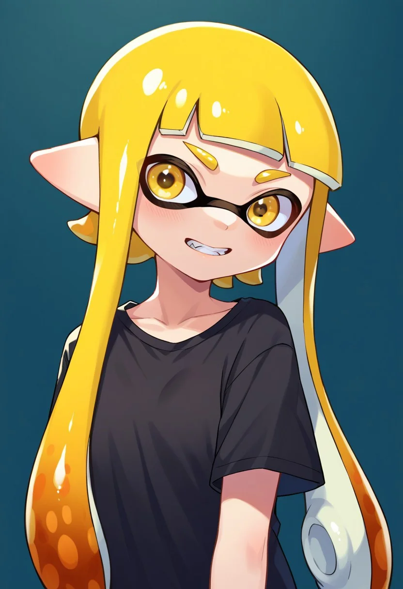 score_9, score_8, score_7, source_anime, inkling girl, sidelocks, ink, yellow eyes, collarbone, teeth, blonde hair, :d, domino mask, black shirt, standing