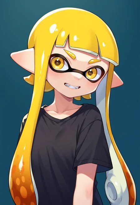 score_9, score_8, score_7, source_anime, inkling girl, sidelocks, ink, yellow eyes, collarbone, teeth, blonde hair, :d, domino mask, black shirt, standing