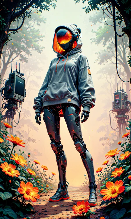 masterpiece, best quality, amazing quality, very aesthetic, absurdres, newest
stylized anime illustration, high-detail digital painting
humanoid robot, computer monitor for a head, wearing oversized gray hoodie, holding a vibrant orange flower, dynamic pose, hips slightly turned
blend of organic and mechanical elements, delicate pose, intricate wiring, soft fabric folds, warm color palette, contrast between technology and nature
solid backdrop, minimalistic composition, dappled light, subtle shadows, clean and modern
in the style of cksc, in the style of cknc, in the style of ck-rw <lora:reij-detaILer v2:0.4> <lora:spo_sdxl_10ep_4k-data_lora_webui:0.8> <lora:ck-shadow-circuit-IL-000012:0.5> <lora:ck-nc-cyberpunk-IL-000011:0.4> <lora:ck-neon-retrowave-IL-000012:0.3>