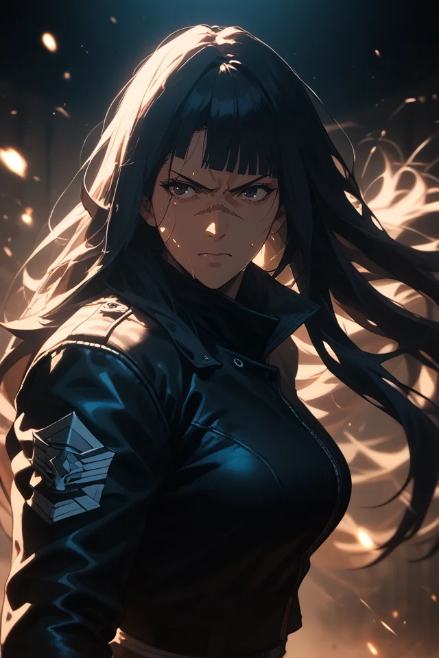<lora:Expressive_H-000001>,<lora:modern_anime_screencap_v1_0:0.8>,source_anime,score_9,score_8_up,score_7_up,score_6_up,Volumetric Lighting,Cinematic Lighting,dark theme,dark background,low light,arena,looking ahead,
1girl,solo,<lora:age_slider_v4:1.4>,(mature female:1.2),tall female,dark blue hair,straight hair,long hair,full bangs,asymmetrical bangs,blunt bangs,black eyes,pale skin,medium breasts,angry,sweat,from side,leather jacket,long sleeves,high collar,black multicolored legwear,steam,depth of field,scar on face,scar across eye,raised fists,fighting stance,punching,