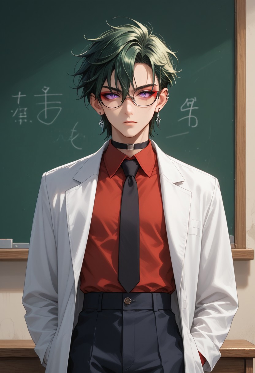 ( Score_9, Score_8, Score_7, perfect eyes, perfect face, perfect ears, perfect anatomy, thin waist, intricate details, full body, male focus,BREAK,
1boy, AntherimA,circular purple eyes, slit pupils, dark green hair, hair between eyes, asymmetrical hair parting, red_eyeshadow, (1_earstud_left_side), school uniform, red shirt, navy trousers, black tie, Lab coat , thin frame glasses, black_choker, black nail varnish, hand on glasses, propping up glasses,BREAK,
School setting, classroom, blackboard, extremely dark, extreme shadows,