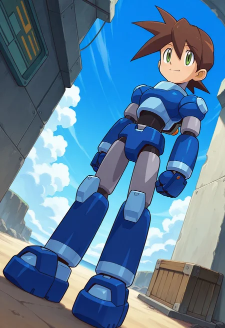 sci-fi, outdoor, clouds, platform, day,
dynamic angle, cowboy shot,
full body, standing, light smile,
BREAK,
<lora:rocknrollDash_illustriousXL_v01:1>
1boy, android, brown hair, short hair, green eyes, blue armor, rockmanVolDef,, source_anime, very aesthetic, anime coloring, masterpiece, official art,
best quality, amazing quality, ultra detailed, very aesthetic,
detailed background,
BREAK,
