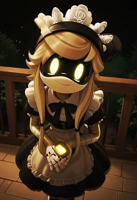score_9, score_8_up, score_7_up, ((no Im not a human style), dark theme, green monochrome, VHS style, Fisheye View, peephole view), dark background, wooden fence, porch, night, looking outside pov, mdCyn, screen face, visor, blonde hair, maid dress, bow, smile, looking at viewer, own hands together, v arms